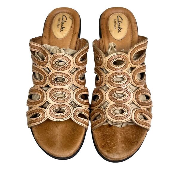 Clarks Artisan‎ Womens Mule Wedge Sandals Brown Stitched Leather Cushioned Sz 9M - Picture 5 of 8